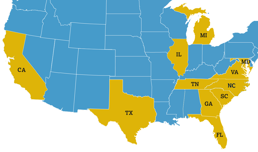 Map showing states where CRC has properties