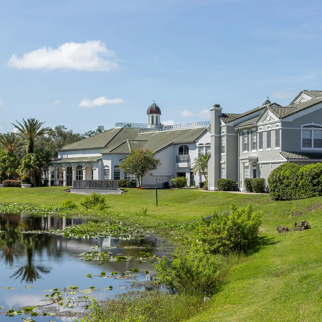 building by a pond