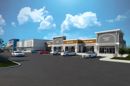 Bayside Shops, outdoor view with several cars and clear sky